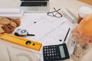 Calculadora y planos sobre una mesa, representando los costos de construcción en un proyecto.