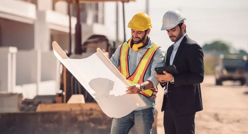 Ingenieros y arquitectos revisando planos, destacando la importancia del control efectivo en los costos de construcción